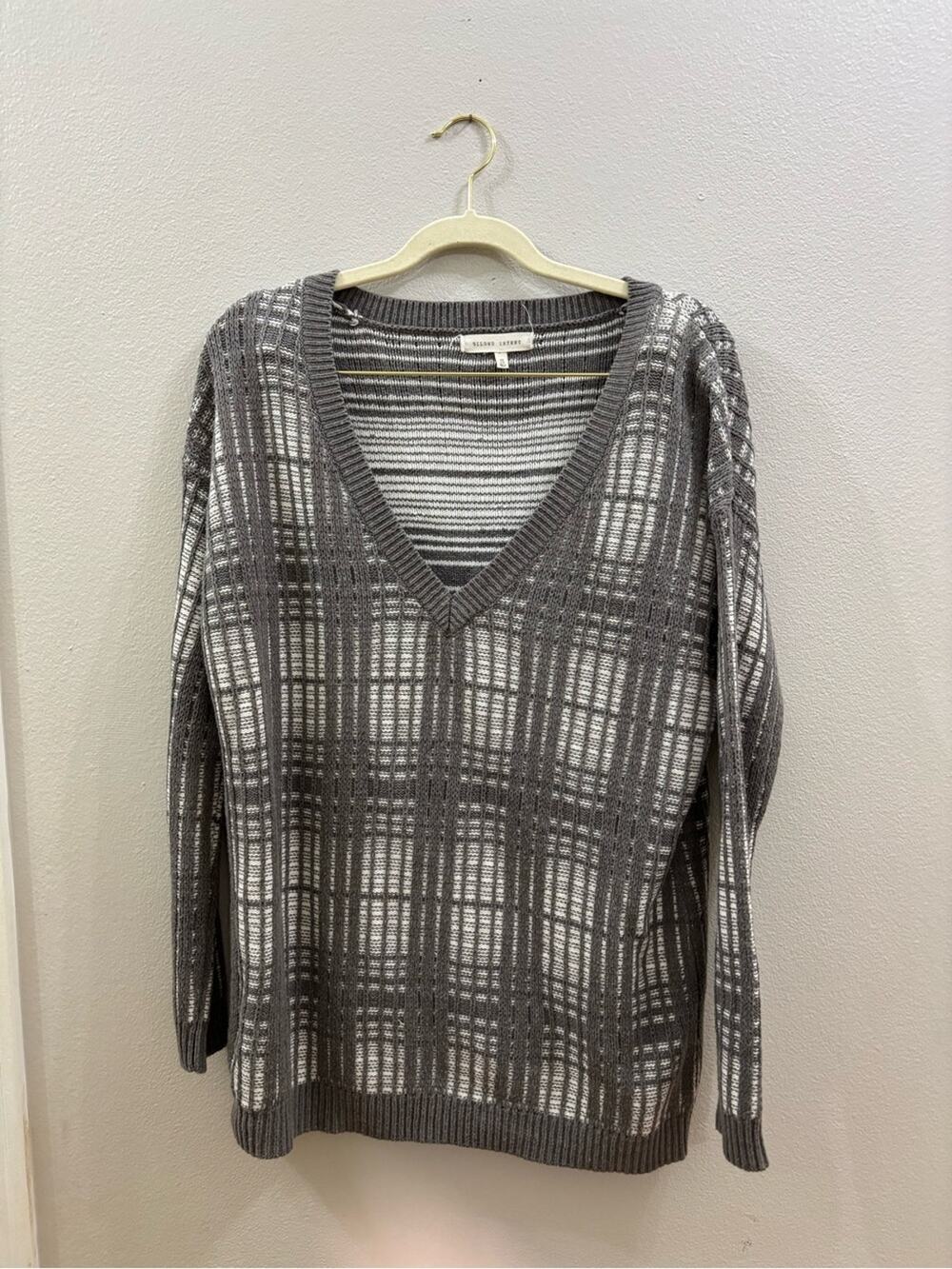 Gilded Intent Gray & White Plaid V-Neck Sweater